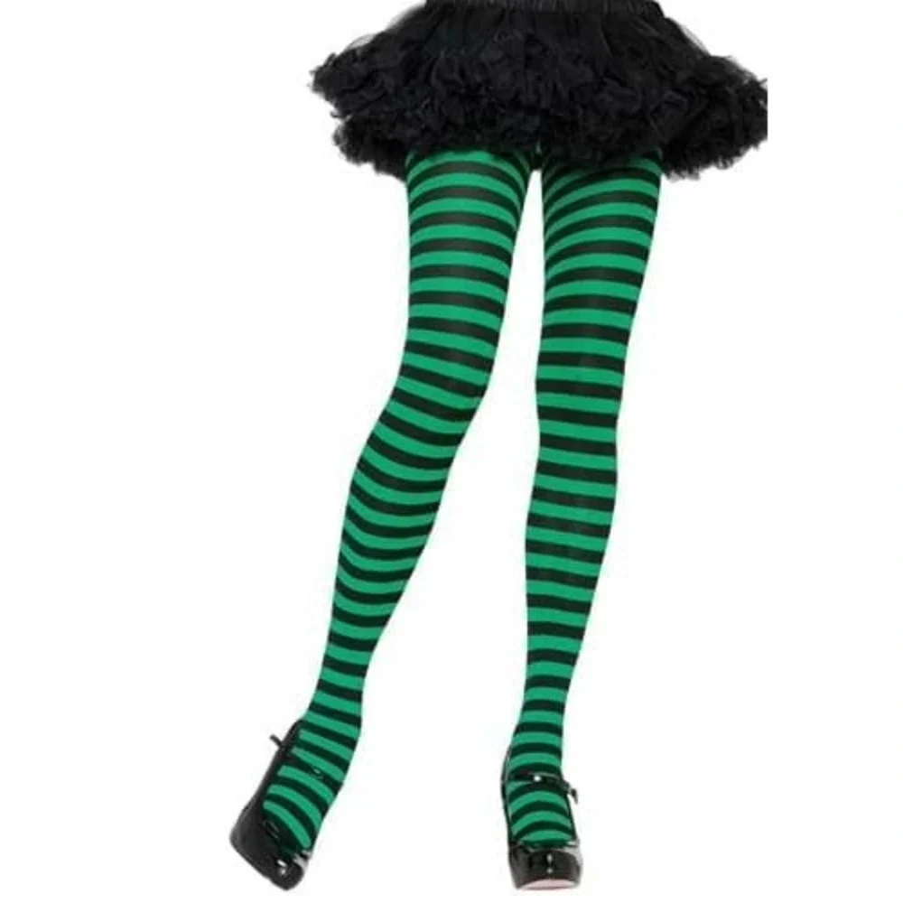 The Wonderland Company Tights Womens OS Green Black Striped Nylon Full-Length